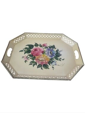 Vintage 50's Nashco Handpainted Signed Floral Large Toleware Tray ~ Shabby Chic